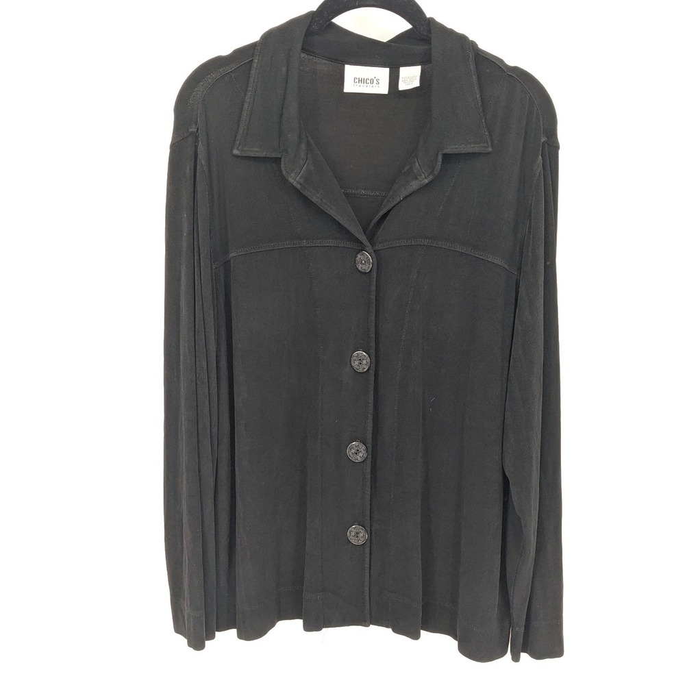Chicos Travelers‎ Button Front Top Womens Large Black Stretch Neutral Minimalist